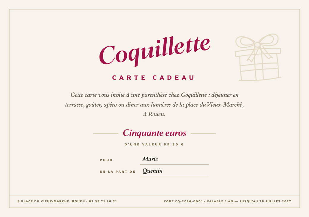 Aperçu du bon cadeau Coquillette, crème et bordeaux aux couleurs du restaurant